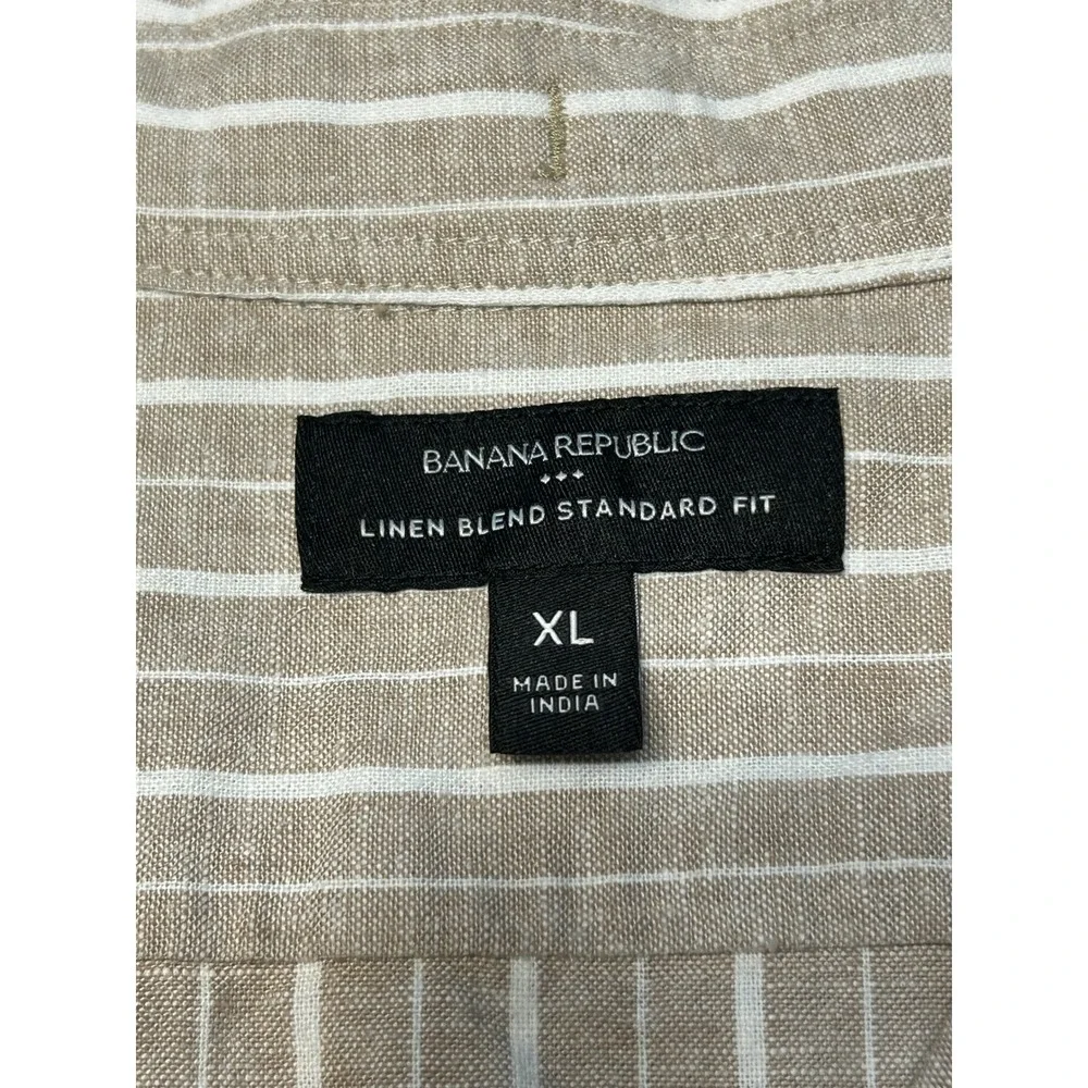 Banana Republic Mens XL Linen Blend Striped Short Sleeve Camp Collar Shirt Tan